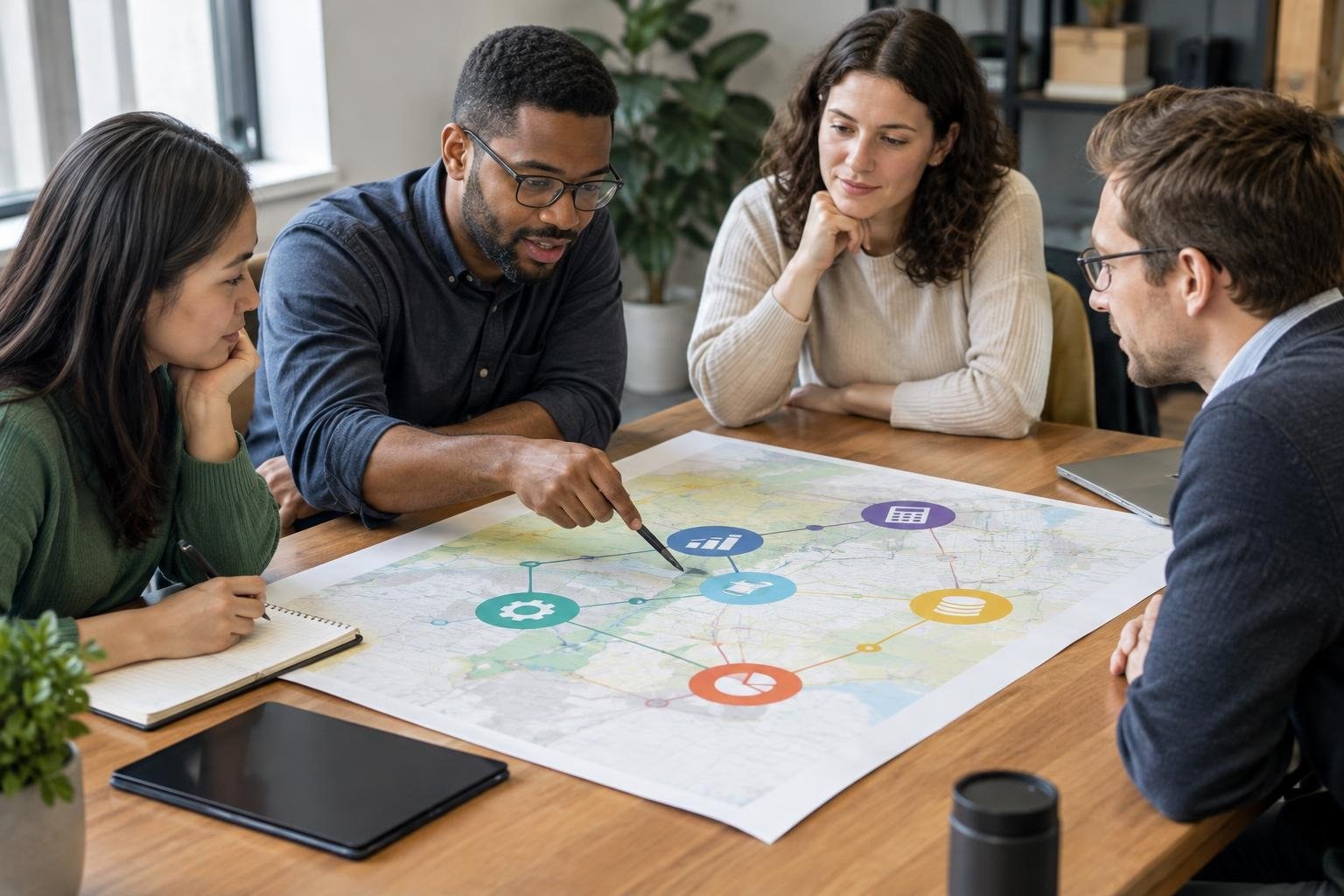 Four colleagues sit around a table, discussing a large map with colored icons as one points to it; notebooks and a closed laptop are nearby.