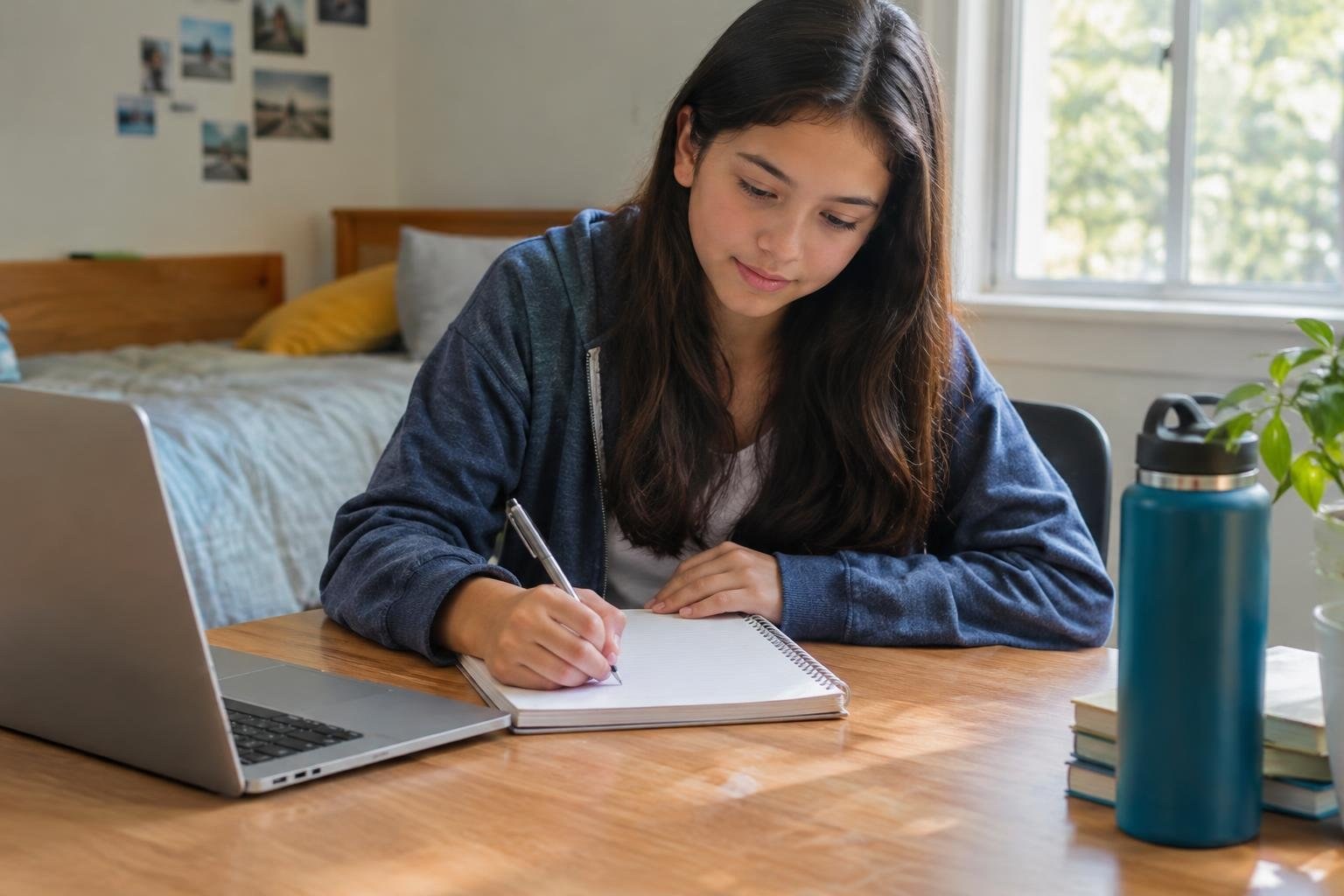 A young woman writes in a spiral notebook at a wooden desk, with an open laptop and water bottle nearby; a bed and sunlit window are in the background.