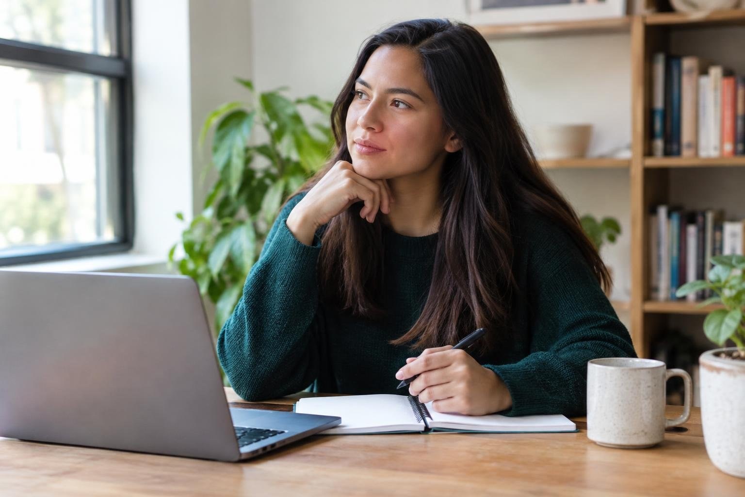 A woman sits at a wooden table, holding a pen over an open notebook beside a laptop, with a window, plants, and bookshelves behind her.
