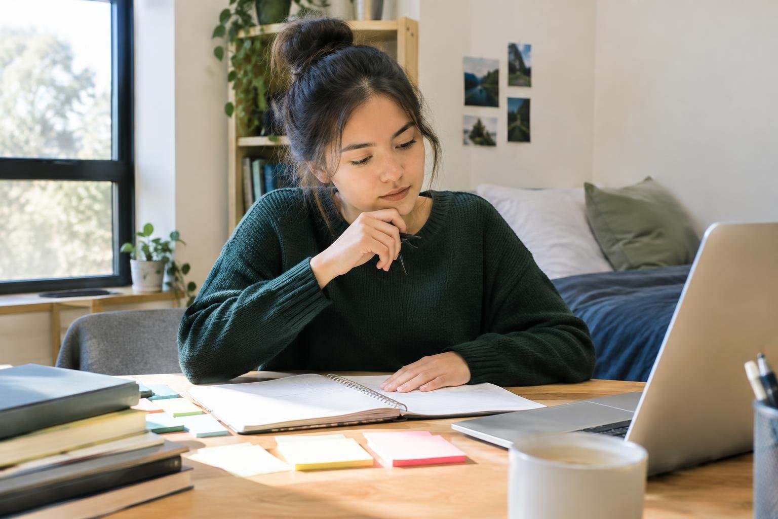 A young woman in a dark sweater studies an open notebook at a desk with a laptop, books, and colorful notes in a bright bedroom.