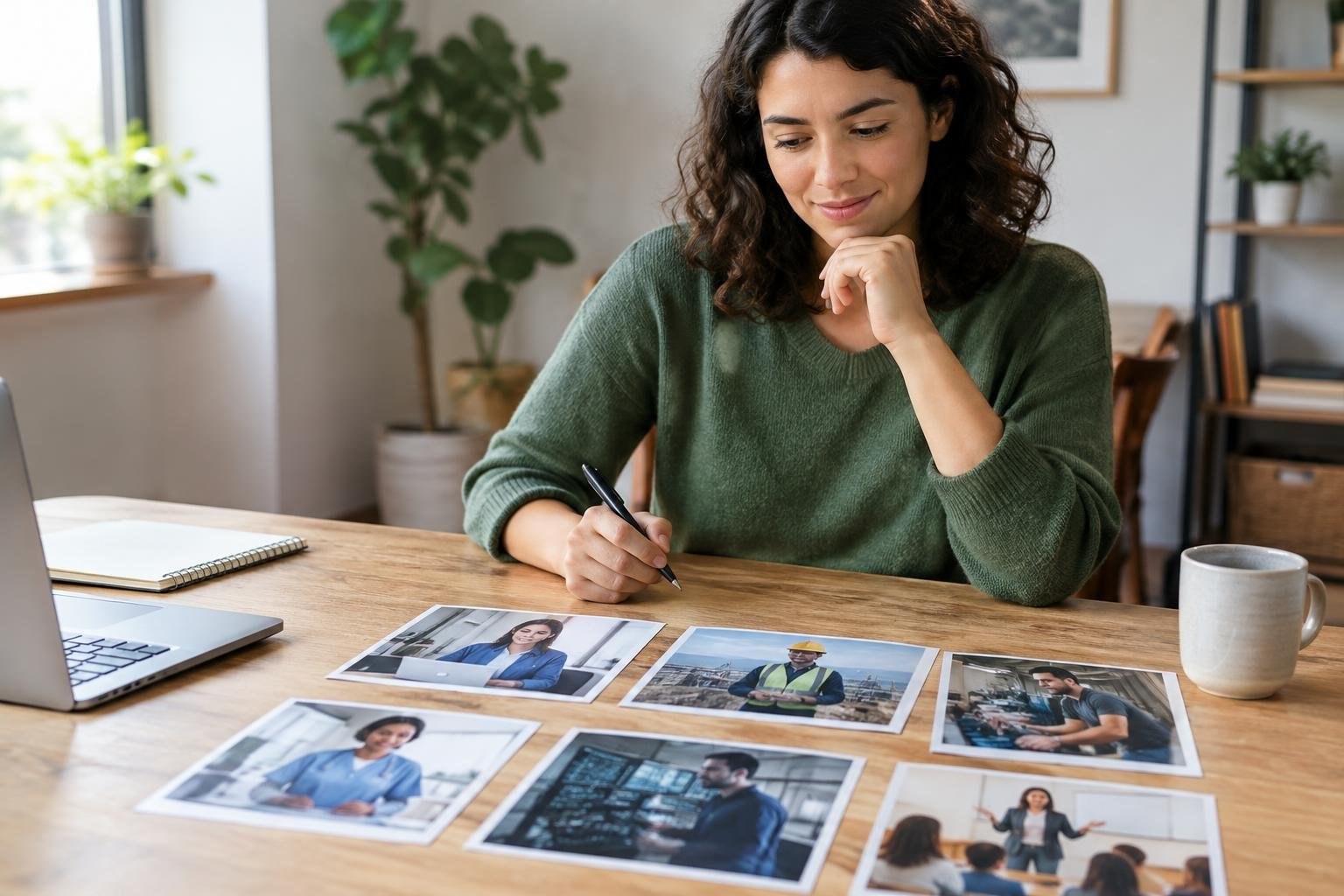 A woman in a green sweater writes at a wooden table, looking over several printed photographs beside a laptop, notebook, and mug.