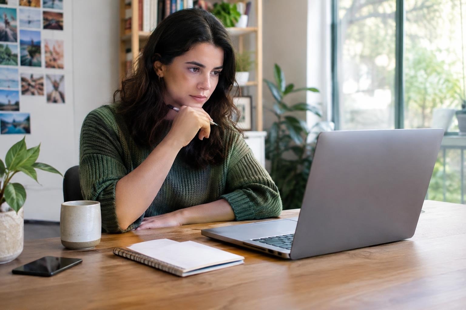A woman in a green sweater sits at a wooden table, holding a pen and looking at an open laptop, with a mug, phone, and notebook nearby in a bright room.