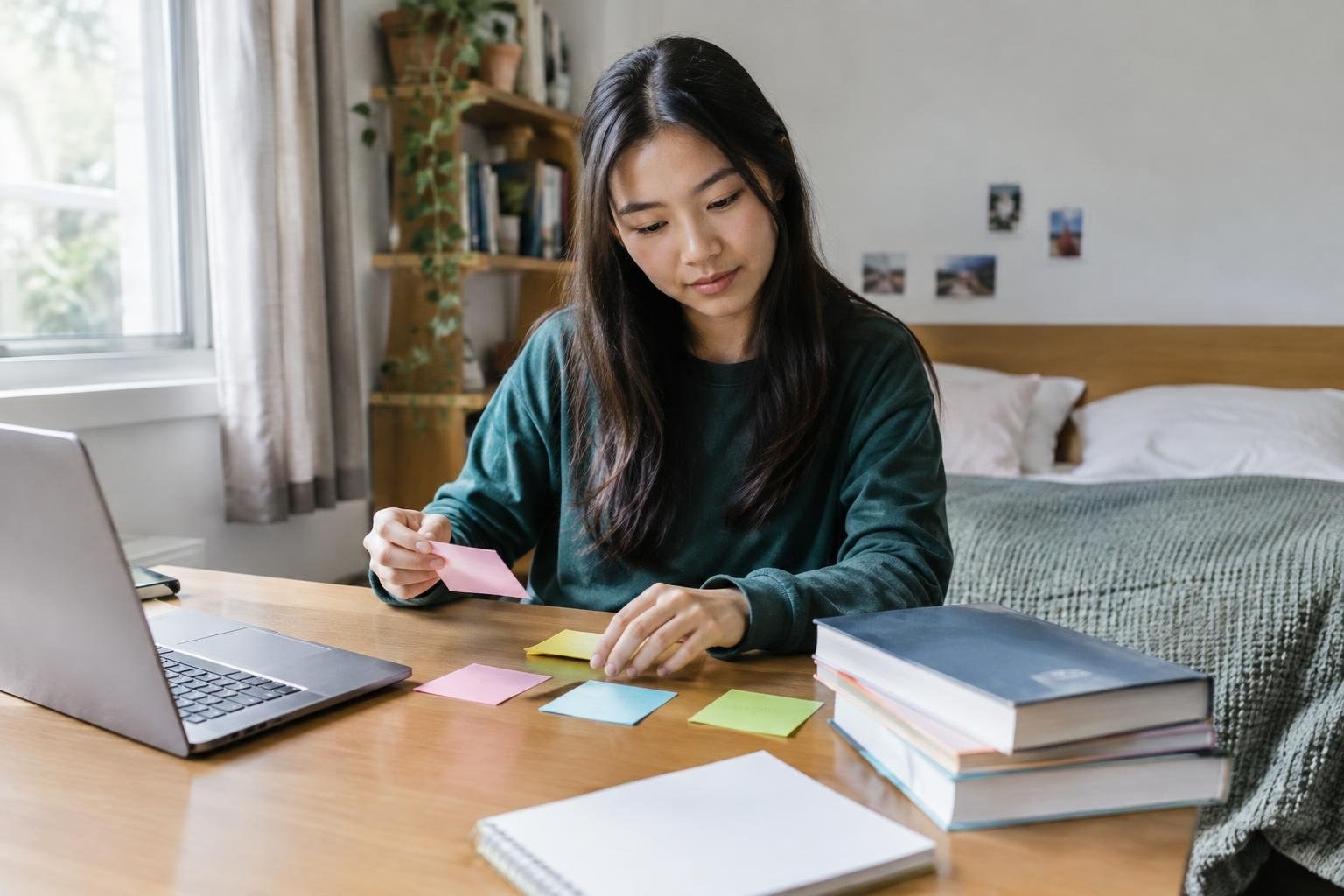 A woman sits at a desk beside an open laptop, arranging colored sticky notes, with stacked books and a bed behind her.