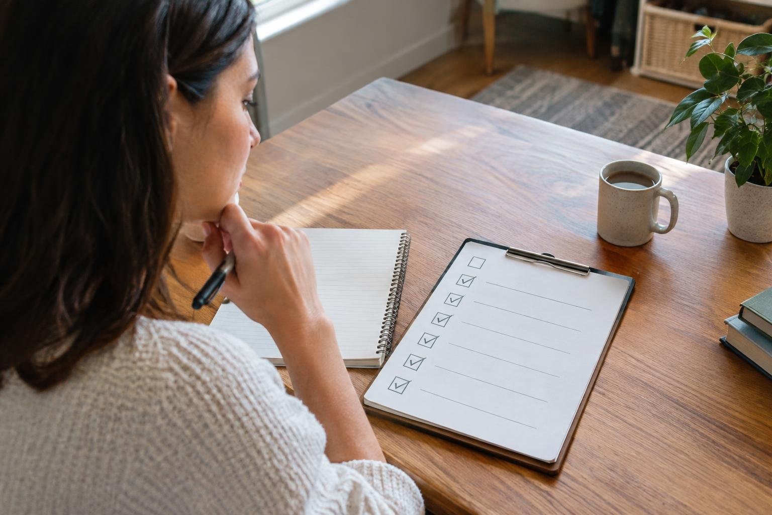 A woman sits at a wooden table, holding a pen beside an open notebook and clipboard, with a mug, potted plant, and books nearby.