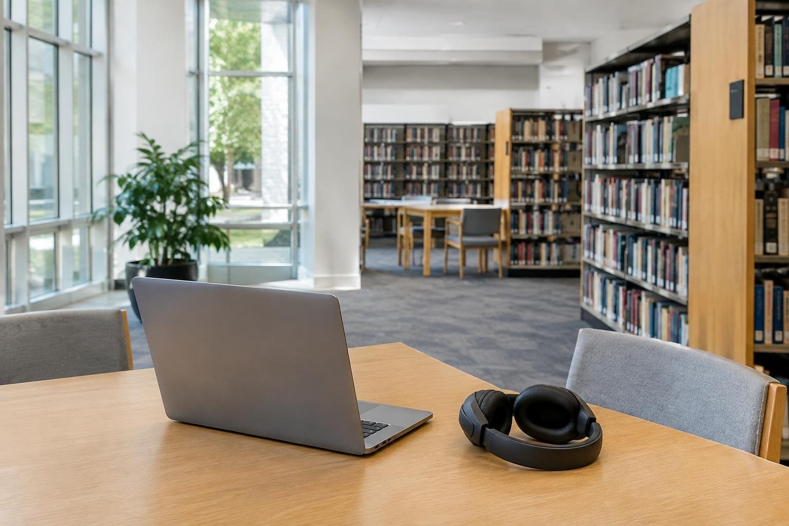 An open laptop and over-ear headphones sit on a wooden table in a quiet library with bookshelves, reading tables, chairs, and tall windows.