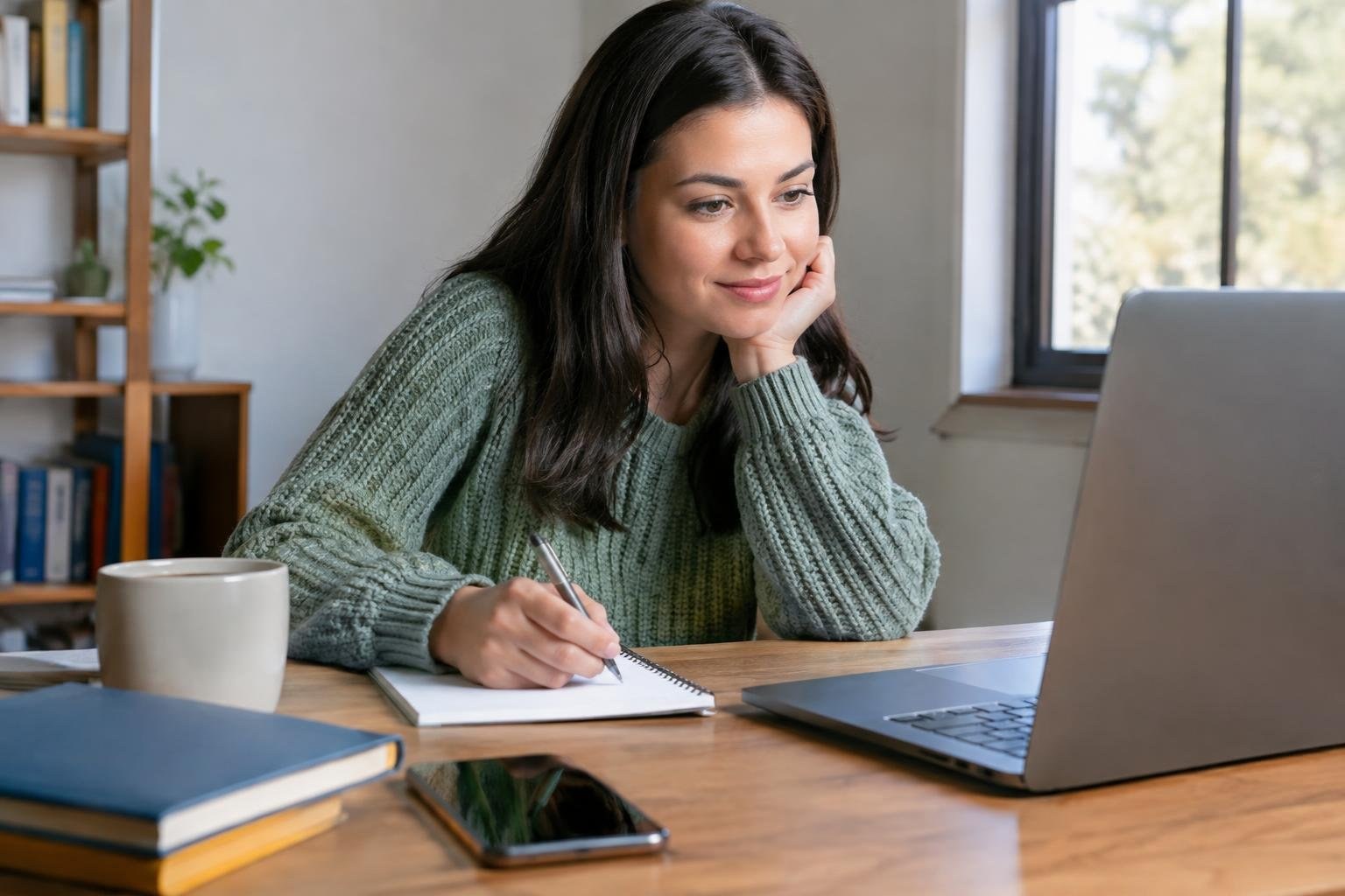 A woman in a green sweater writes in a notebook at a wooden desk beside a laptop, mug, books, and phone, with a bookshelf and window behind her.