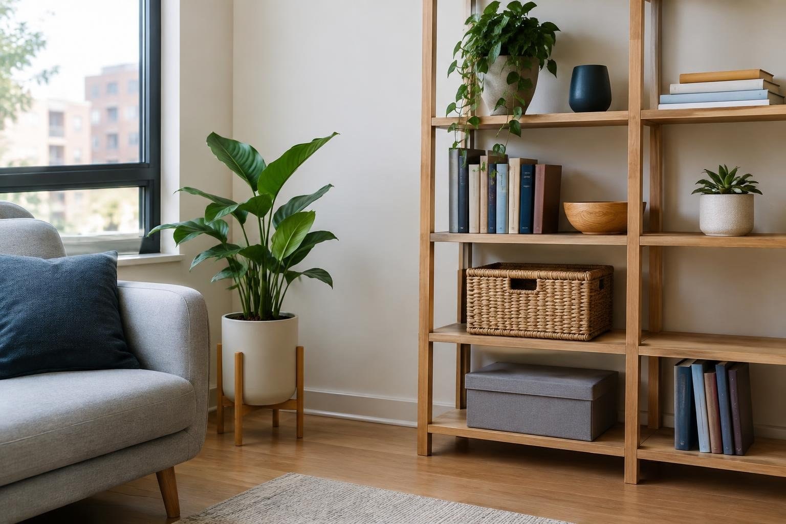 A bright living room with a gray sofa, leafy potted plants, and a wooden shelving unit holding books, baskets, and decorative objects beside a large window.