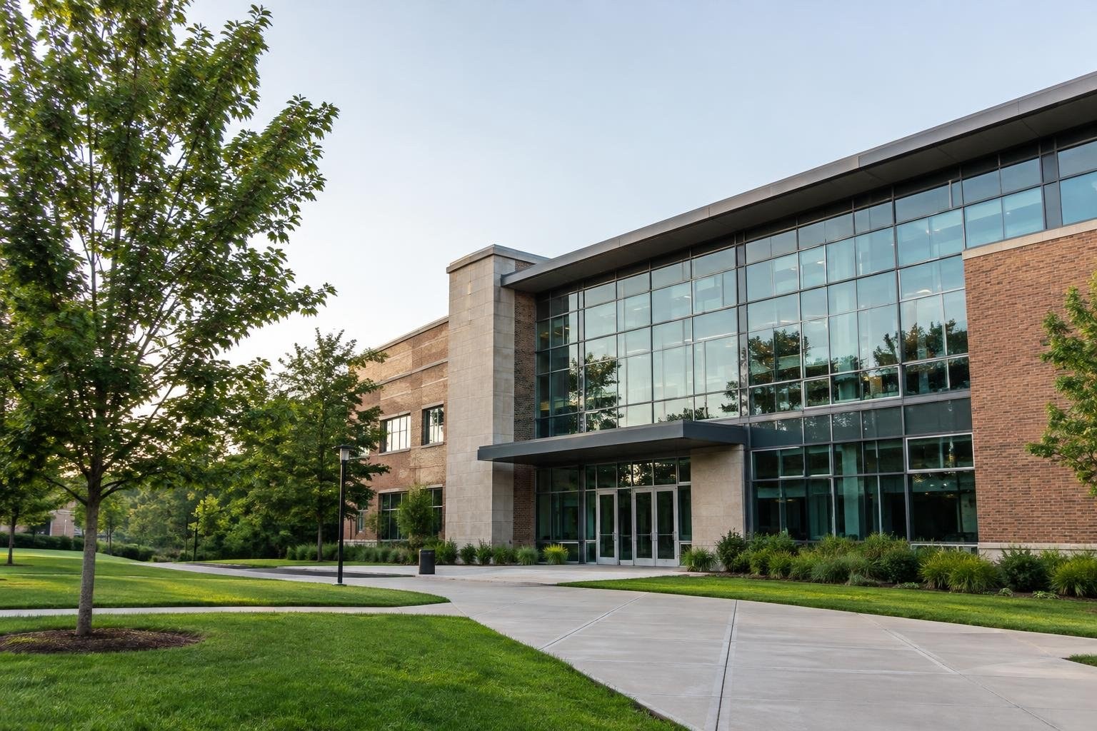 A modern brick-and-glass building with a recessed entrance stands beside a curving concrete walkway, surrounded by lawns, shrubs, and leafy trees.