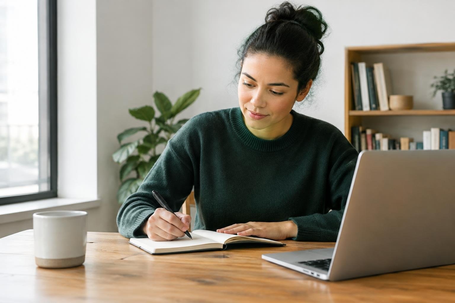 A woman seated at a wooden table writes in an open notebook beside a laptop and mug, with a plant and bookcase in the background.