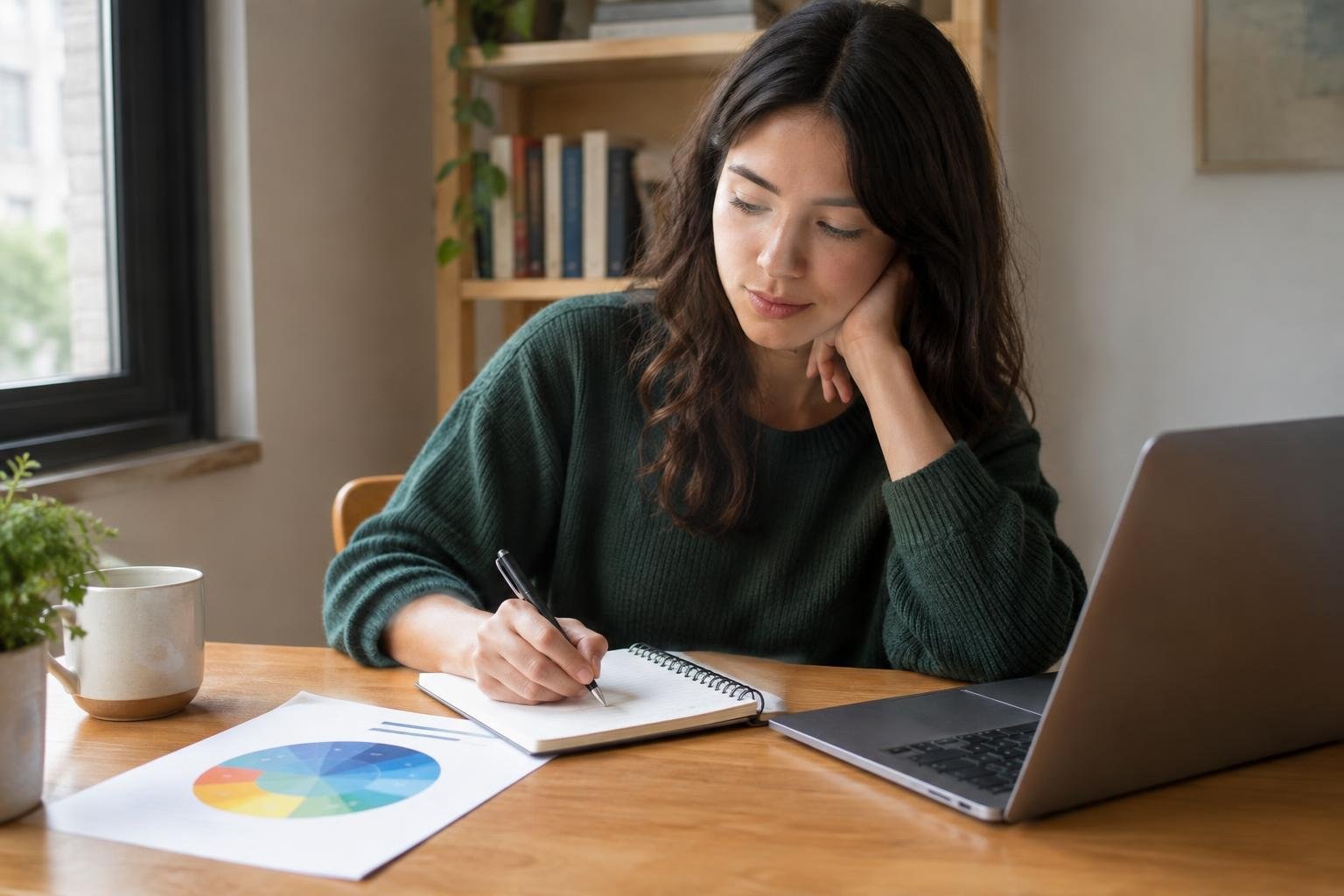 A woman sits at a wooden desk, writing in a spiral notebook beside a laptop, a mug, and a sheet with a colorful chart.