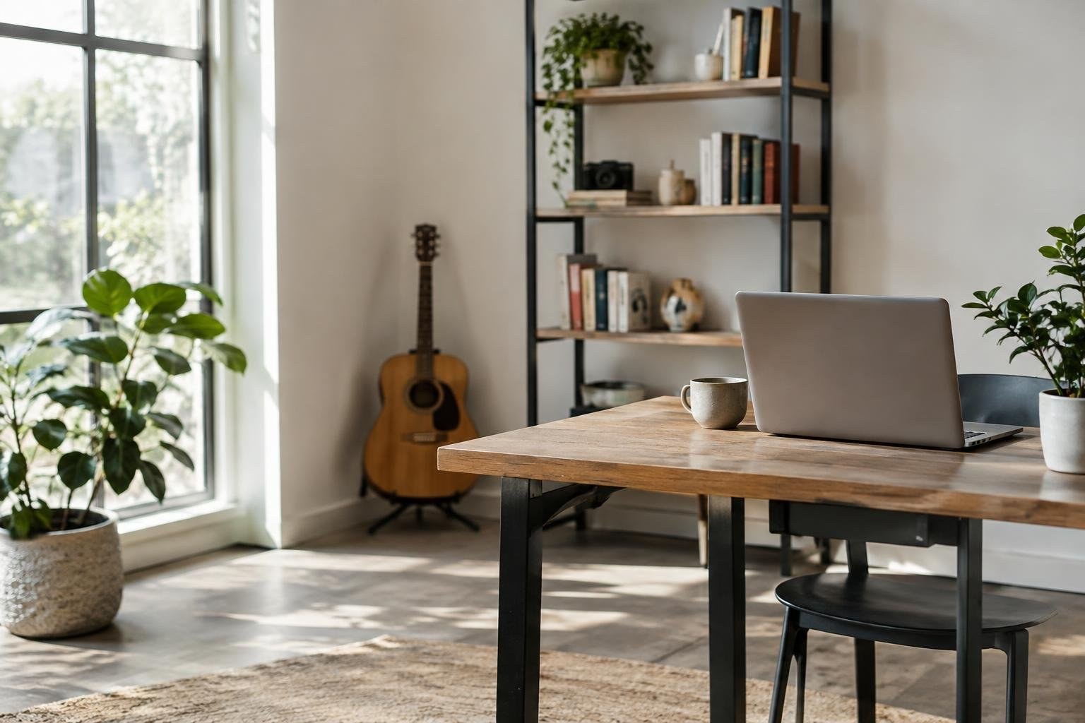 A bright home office with an open laptop and mug on a wooden table, plants by a large window, a guitar leaning against the wall, and a bookshelf behind.