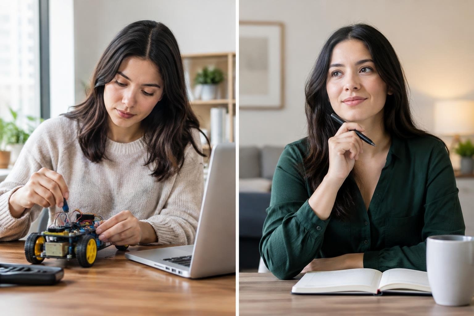 A split image shows a woman using a tool to work on a small wheeled electronic device beside a laptop, and the same-looking woman holding a pen above an open notebook.