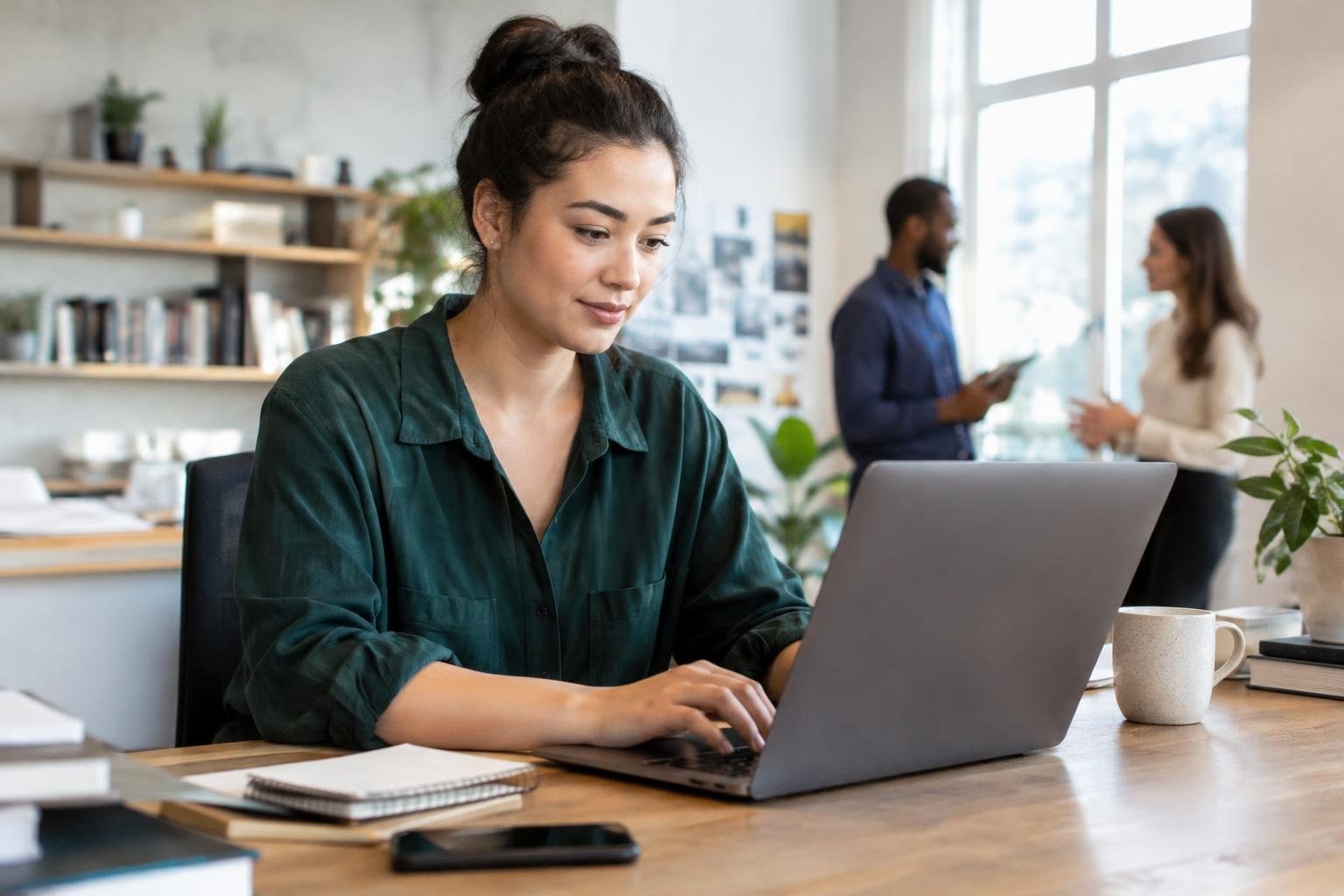 A woman types on a laptop at a desk in a bright office, while two coworkers talk near a window behind her.
