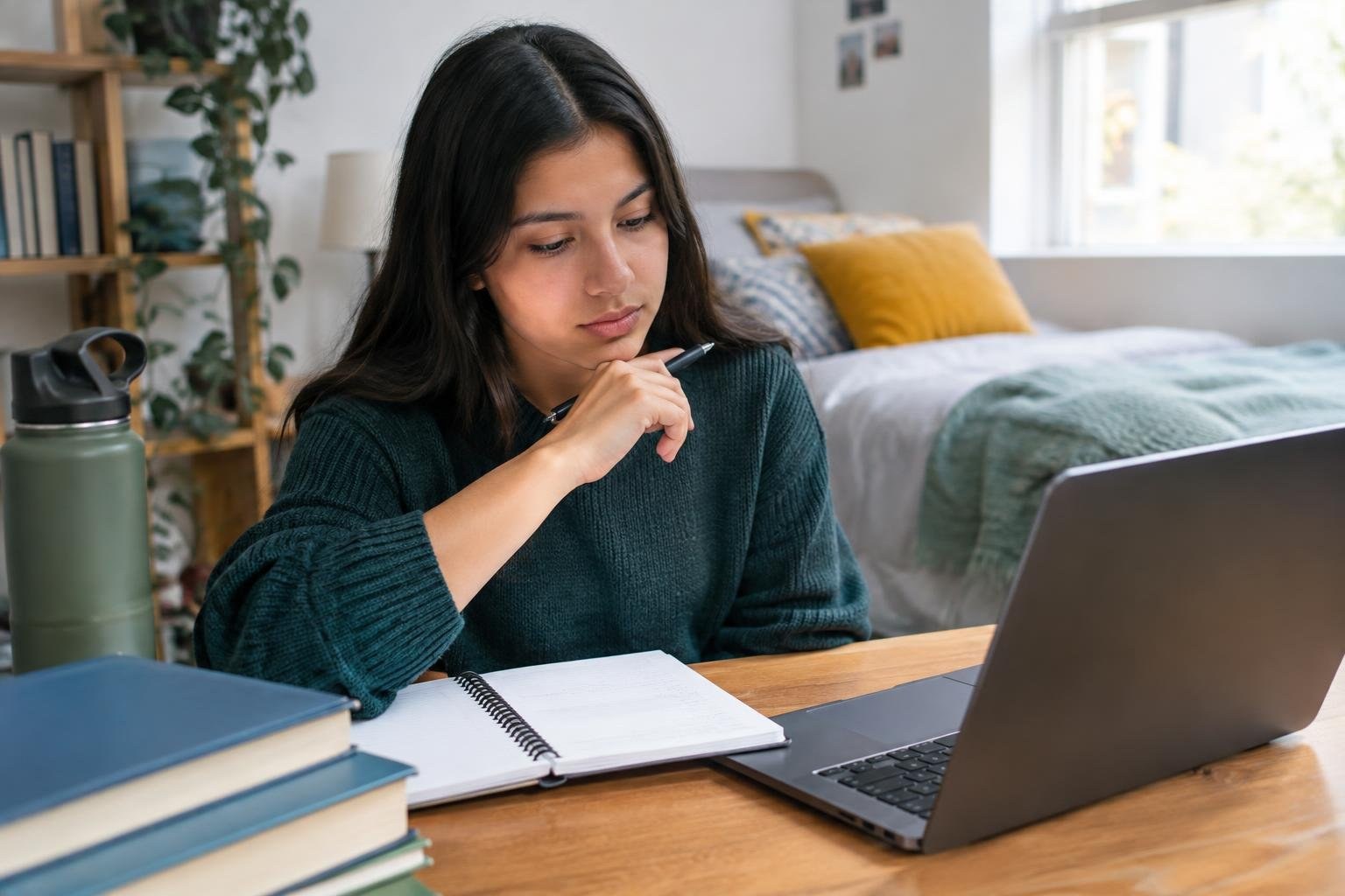 A woman sits at a wooden desk, holding a pen near her chin as she looks at an open laptop, with an open notebook, stacked books and a water bottle nearby.