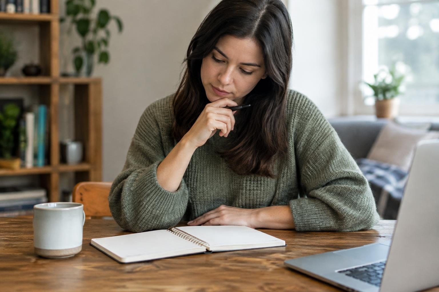 A woman in a green sweater sits at a wooden table, thoughtfully holding a pen above an open blank notebook beside a mug and laptop.