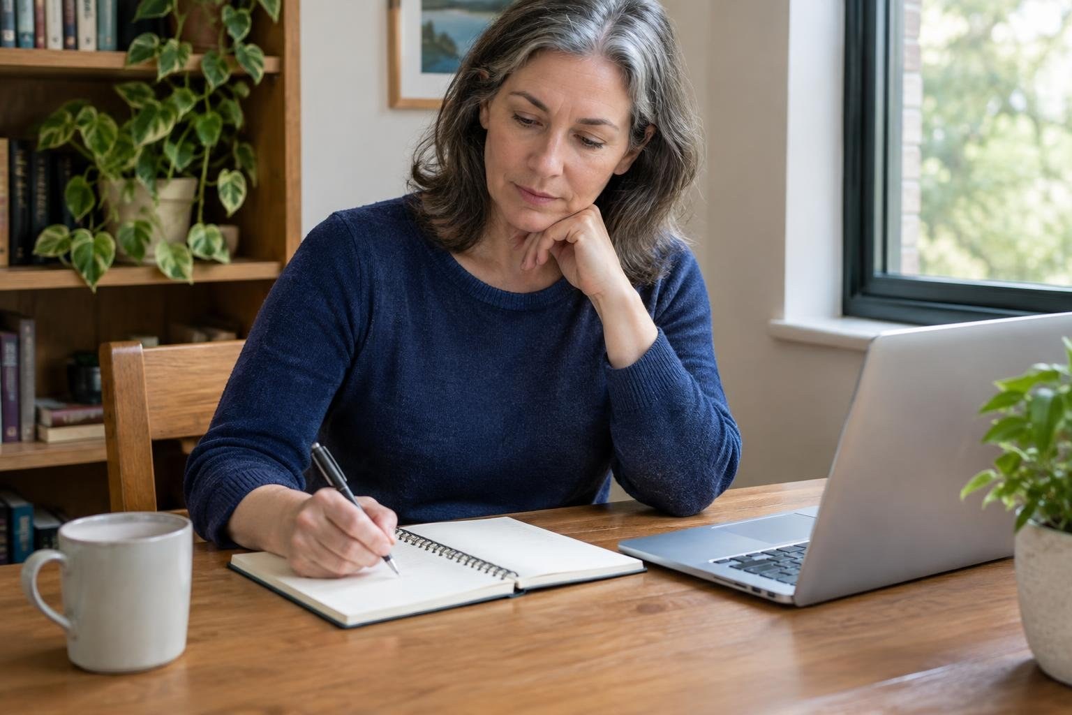 A gray-haired woman in a navy sweater writes in an open notebook at a wooden table beside a laptop, with a mug, bookshelves, plants, and a window nearby.