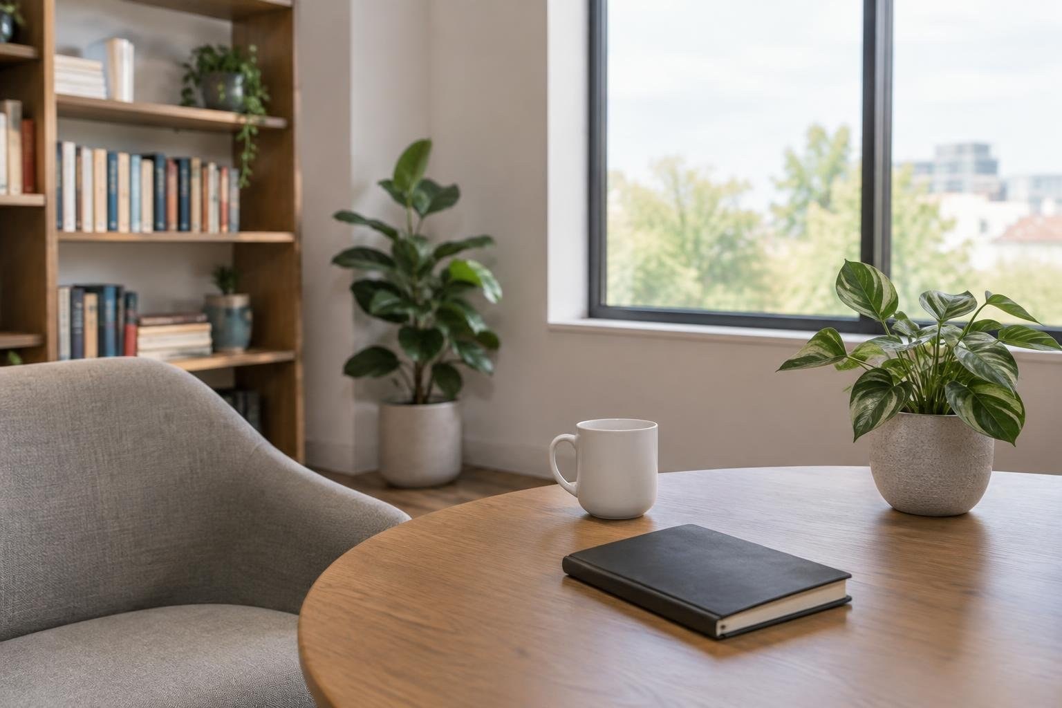 A quiet sitting area with a gray armchair beside a round wooden table holding a white mug, a closed book, and a potted plant; bookshelves and leafy plants stand near a large window.