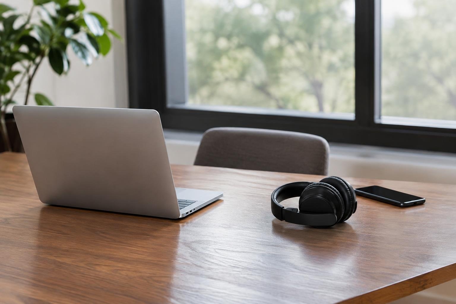 An open laptop, black over-ear headphones, and a smartphone rest on a wooden table beside a large window, with a chair and leafy plant nearby.