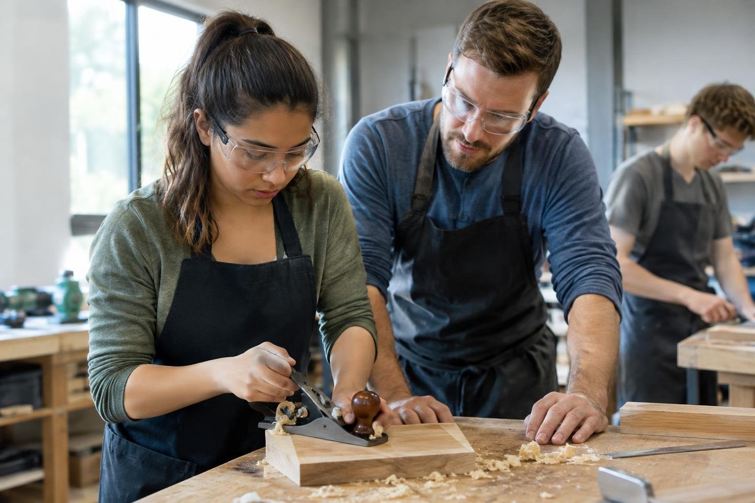 Two people wearing safety glasses and aprons work together at a woodworking bench, using a hand plane on a piece of wood as another person works in the background.