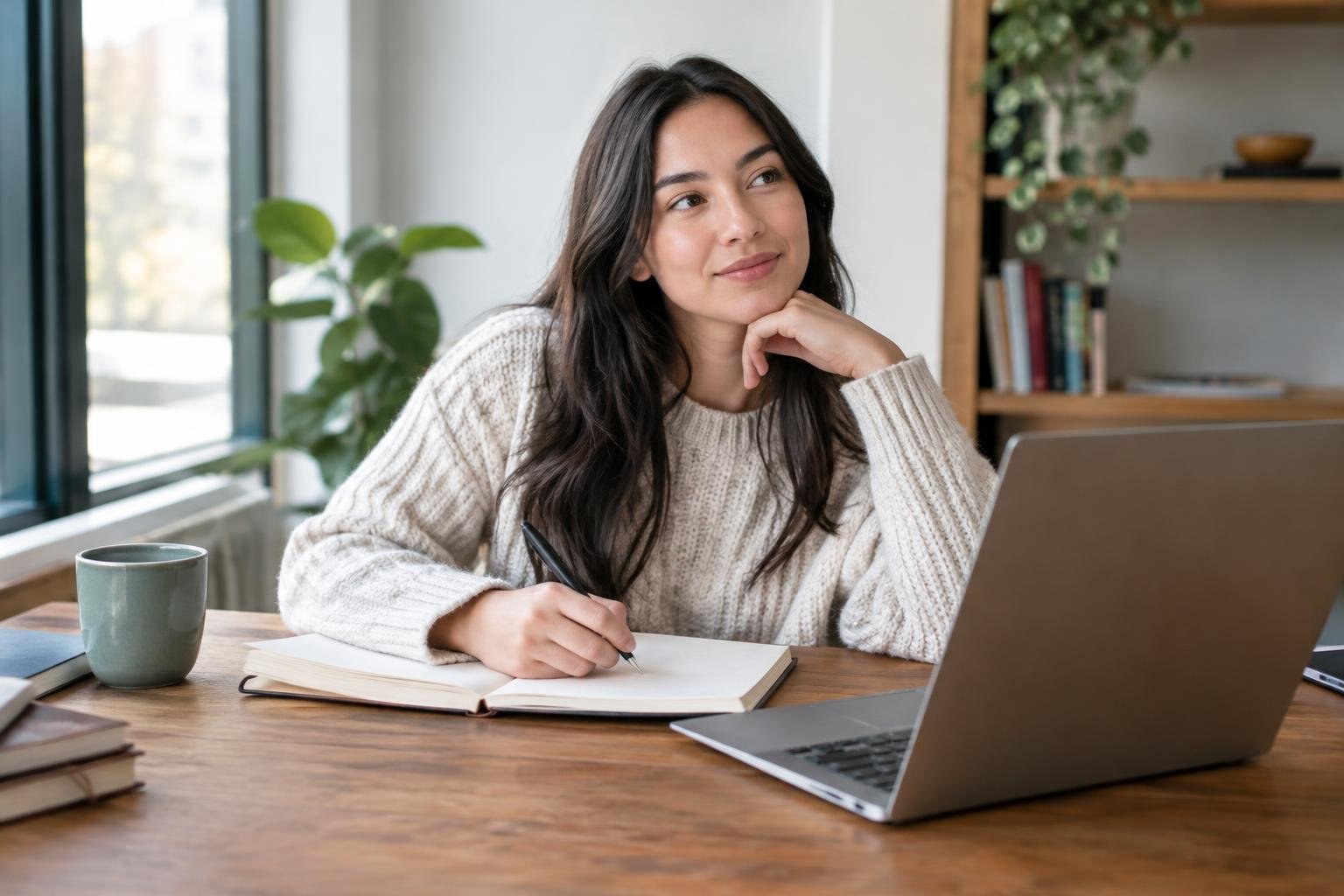 A woman in a cream sweater writes in an open notebook at a wooden table, resting her chin on one hand beside a laptop and mug, with a window and plants behind her.