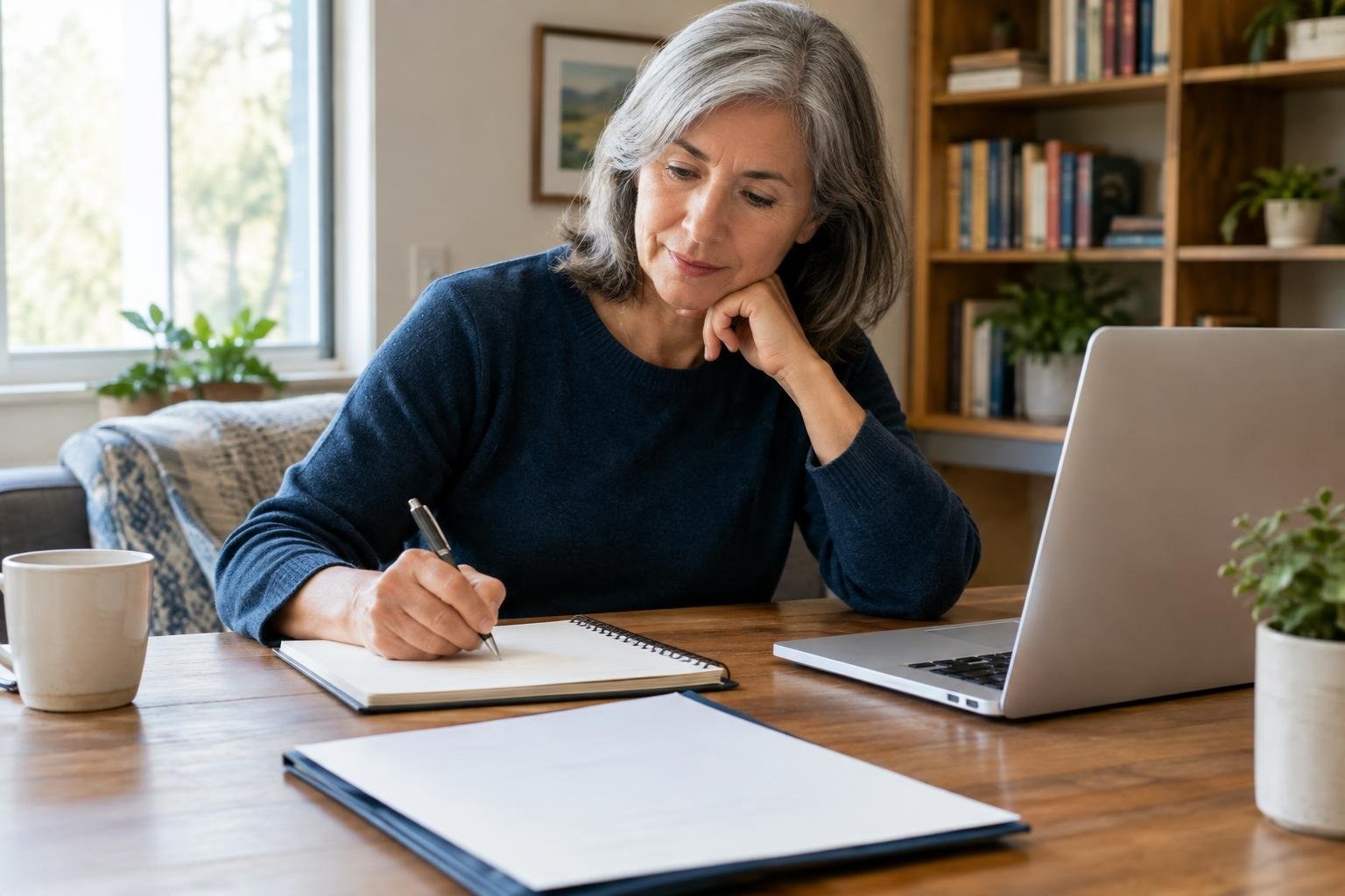 A gray-haired woman sits at a wooden table, writing in a notebook beside an open laptop, with a mug, bookshelves, plants, and a bright window in the room.