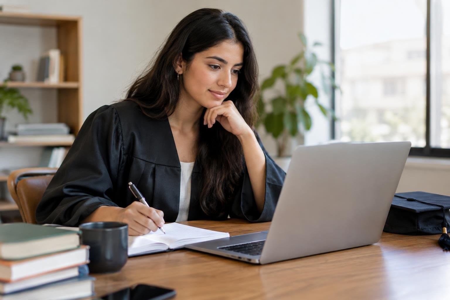 A woman in a dark robe writes in an open notebook beside a laptop at a wooden desk, with books and a mug nearby and shelves and plants in the background.