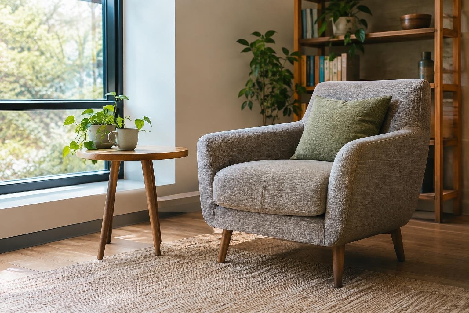 A gray upholstered armchair with a green cushion sits beside a small wooden table holding a potted plant and cup, in a sunlit room with a large window and bookshelves.
