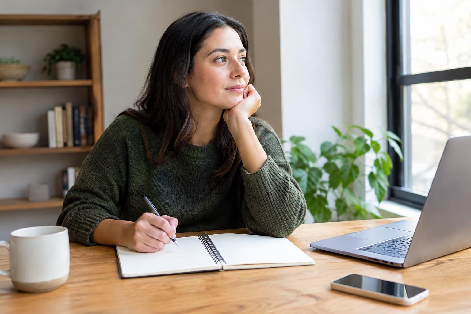 A woman sits at a wooden desk, writing in an open notebook while resting her chin on one hand and looking toward a window; a laptop, phone, mug, and potted plants are nearby.