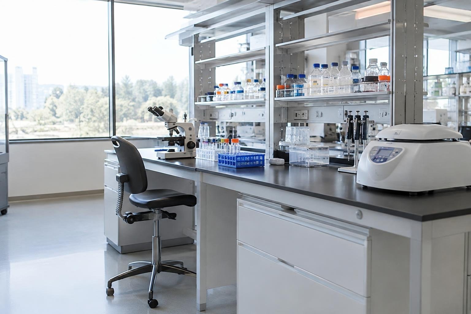 A bright, empty laboratory with a microscope, test tubes, bottles, pipettes, and other equipment on a long workbench beside a black chair and large windows.