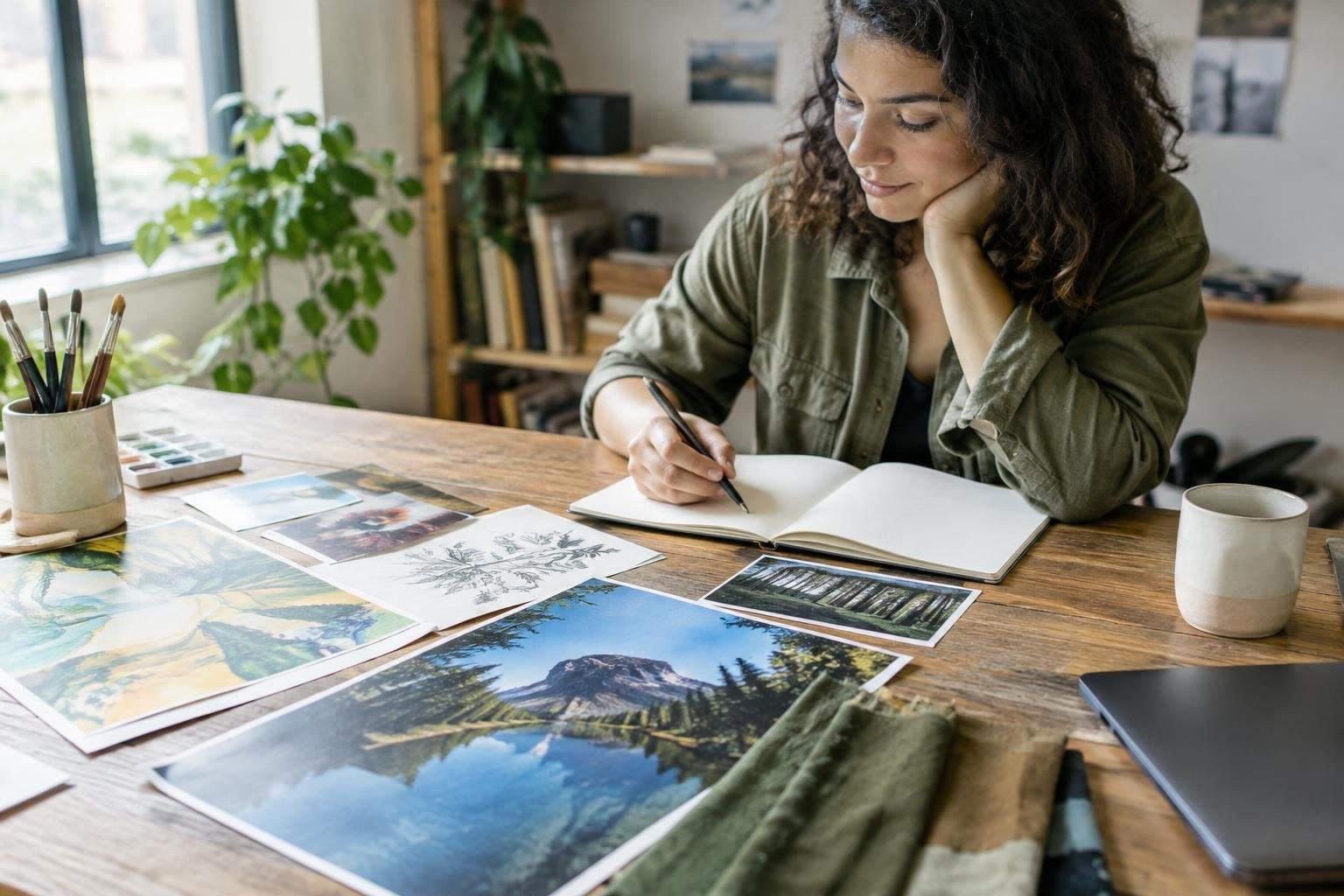 A woman sits at a wooden table, sketching in an open notebook surrounded by art supplies, printed landscape images, and a mug in a bright room.
